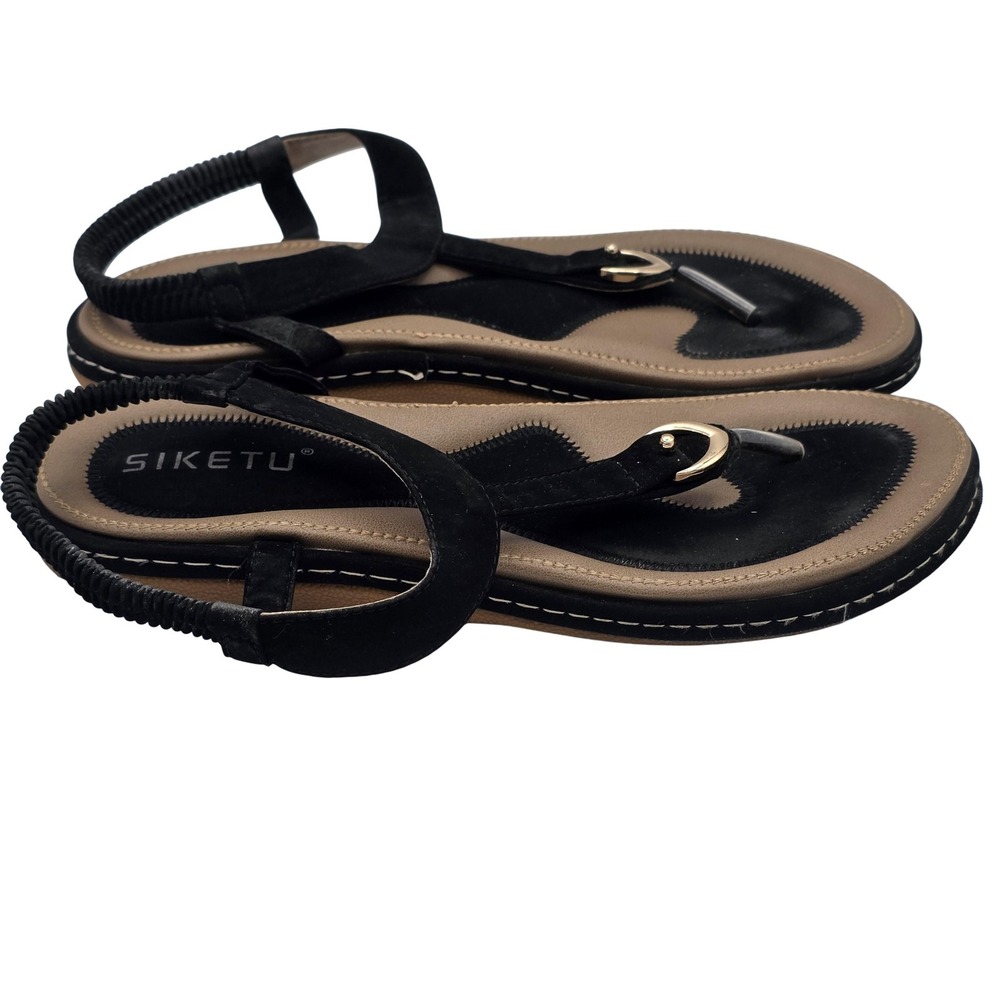 Siketu Sandals Shoes Womens Size 10 Black Thong Elastic Back Strap Casual Flat